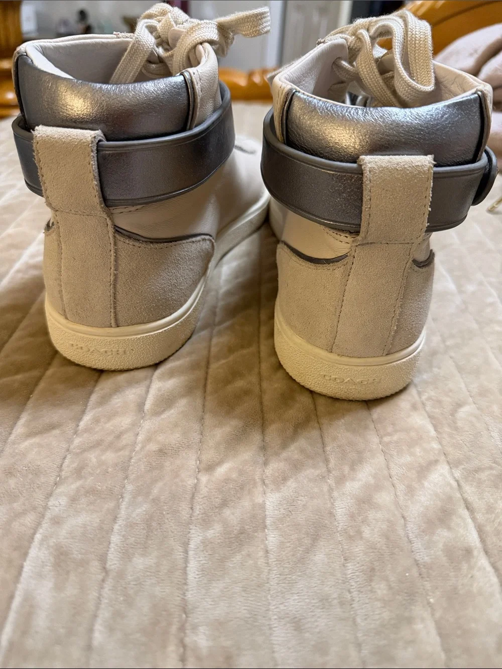 Coach Cream High-Top Sneakers with Gray Ankle Strap